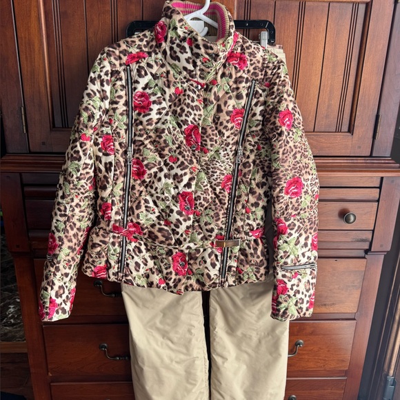 Bogner Floral Leopard Print Ski Jacket & Gold Ski Pants with Leopard Trim